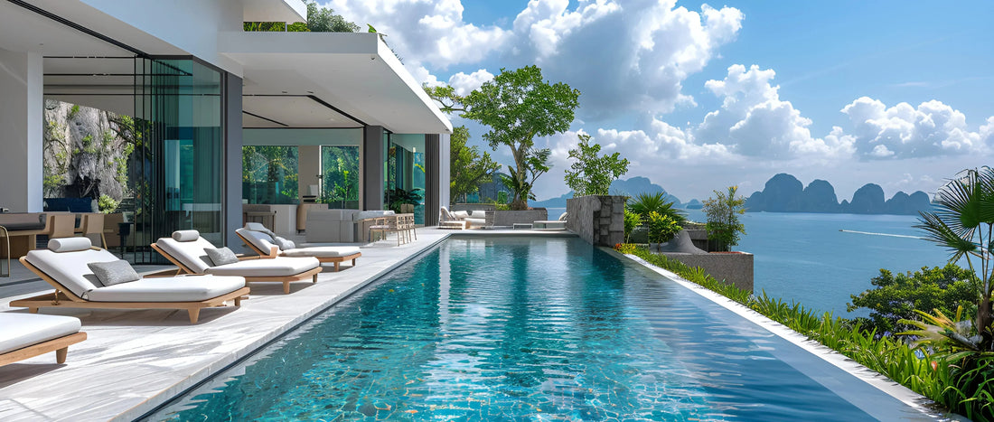 A luxurious modern villa featuring an infinity pool with a stunning view of the ocean and distant islands