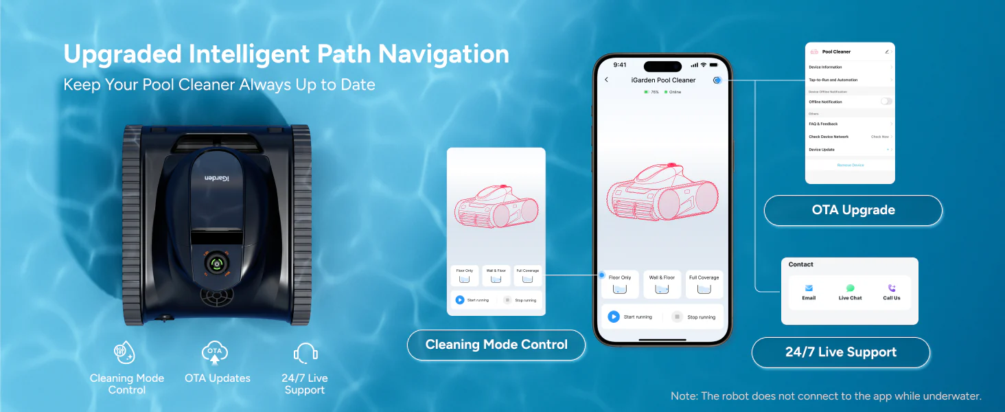 Application mobile du robot de piscine sans fil iGarden offrant le contrôle des modes, mises à jour à distance et assistance 24/7.