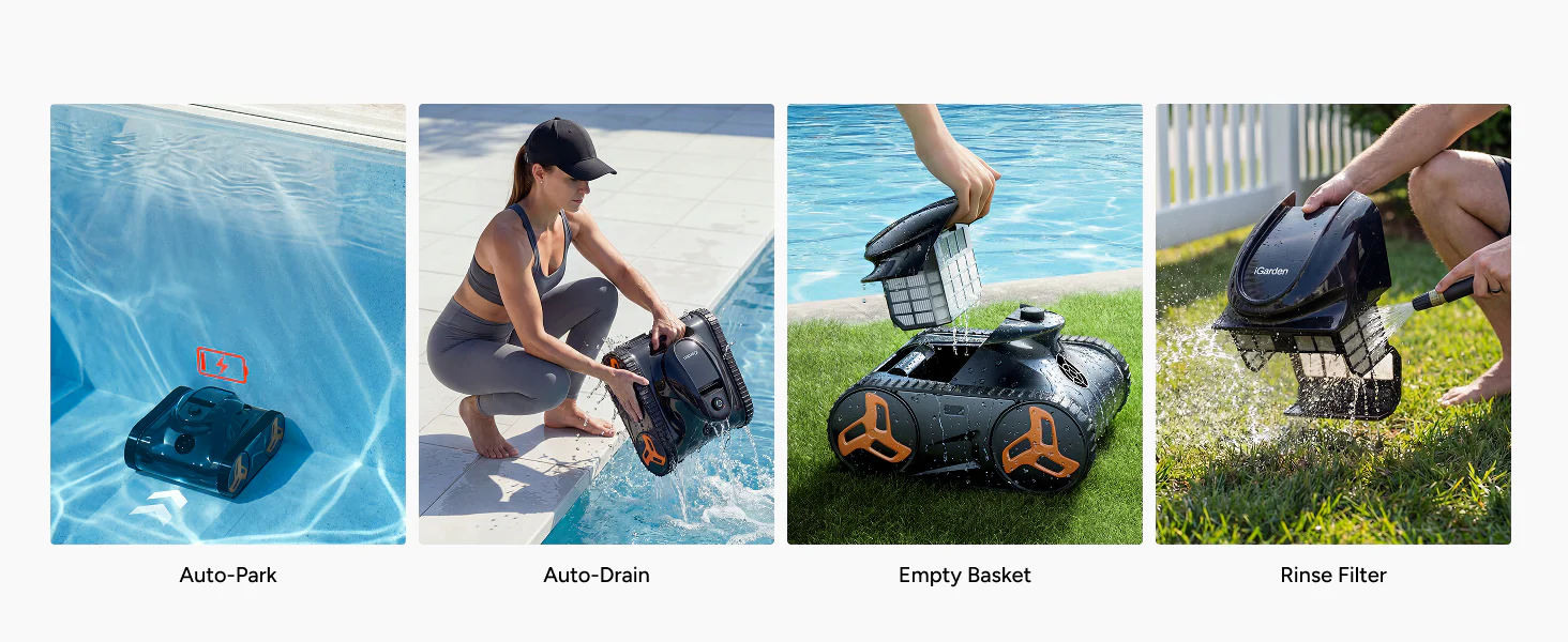 Entretien simplifié du robot de piscine sans fil iGarden : retour en paroi, évacuation rapide de l'eau et nettoyage facile du filtre.