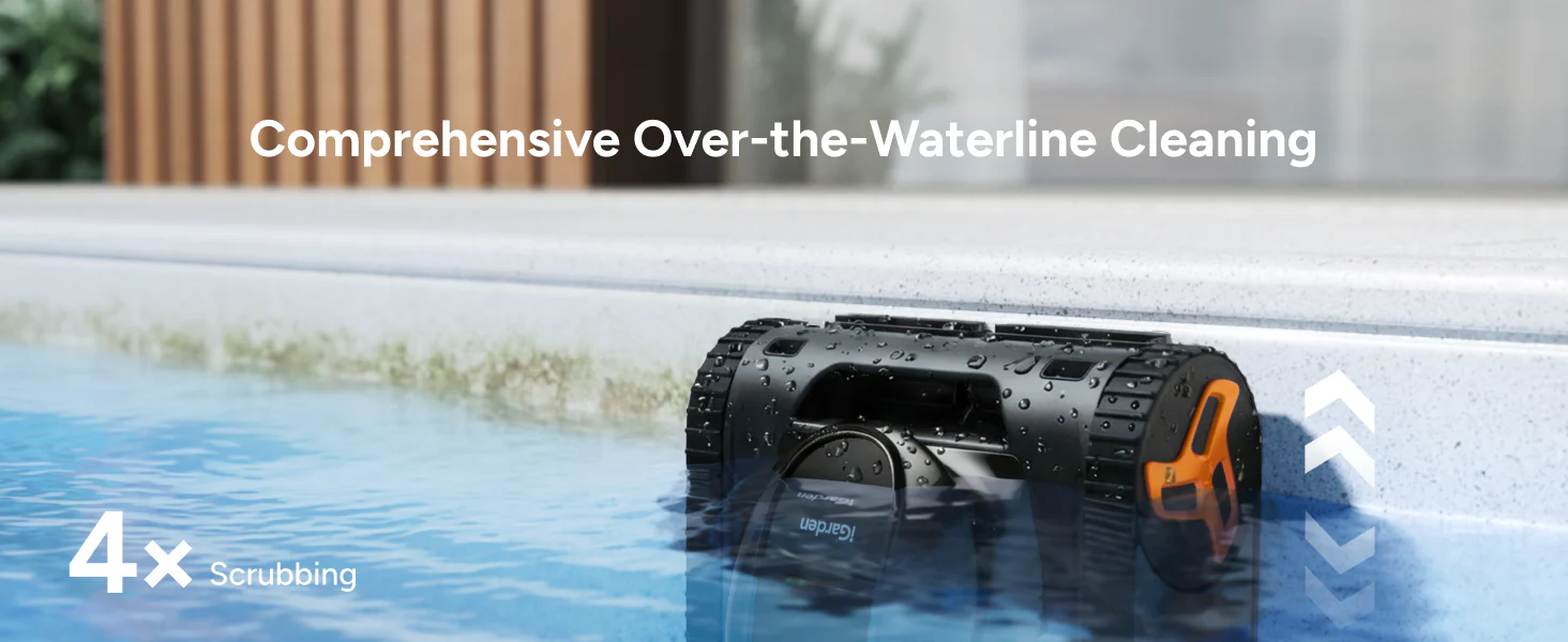 Robot de piscine sans fil iGarden effectuant un nettoyage complet de la ligne d'eau avec un brossage 4x plus puissant.