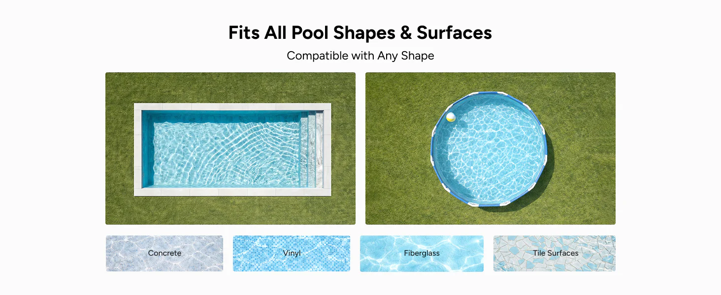 Robot de piscine sans fil iGarden compatible avec toutes les formes de bassin et revêtements comme le béton, le liner et le carrelage.