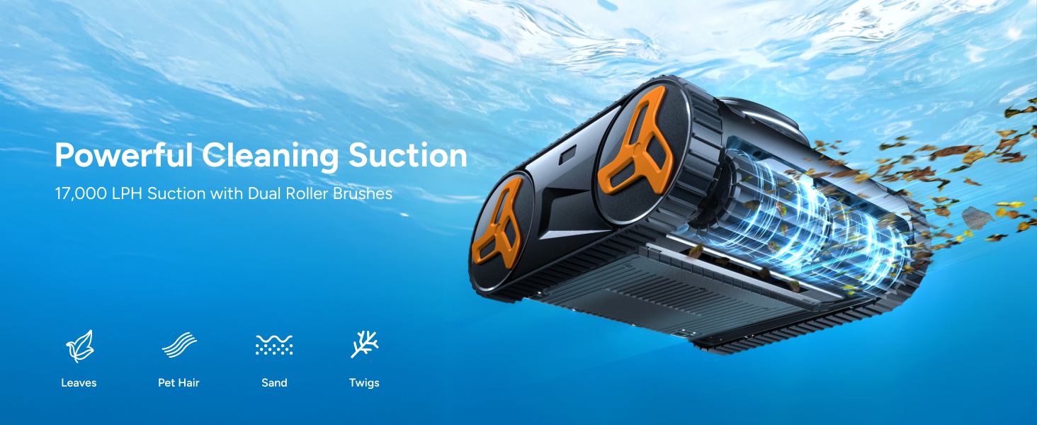 Vue sous-marine du robot de piscine sans fil iGarden aspirant les feuilles et débris, démontrant la puissance d'aspiration de ce robot nettoyeur de piscine.