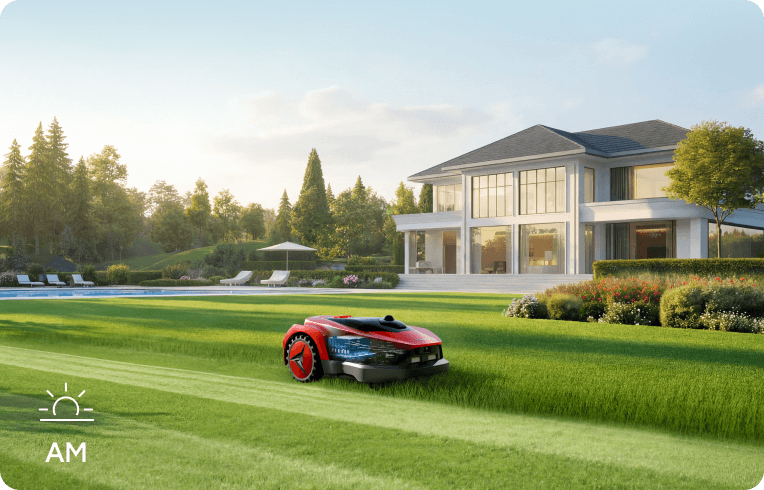 Tondeuse à gazon robotisée iGarden L AWD Series fonctionnant sur une pelouse immaculée le matin
