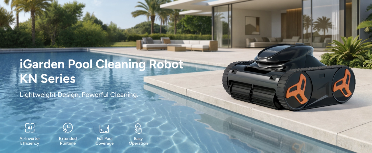 Robot nettoyeur de piscine sans fil iGarden KN Series pour piscine moderne avec aspiration puissante et couverture complète