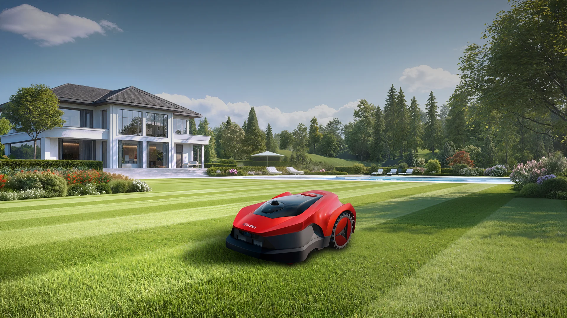 Tondeuse à gazon robotisée iGarden L AWD Series fonctionnant sur une pelouse immaculée