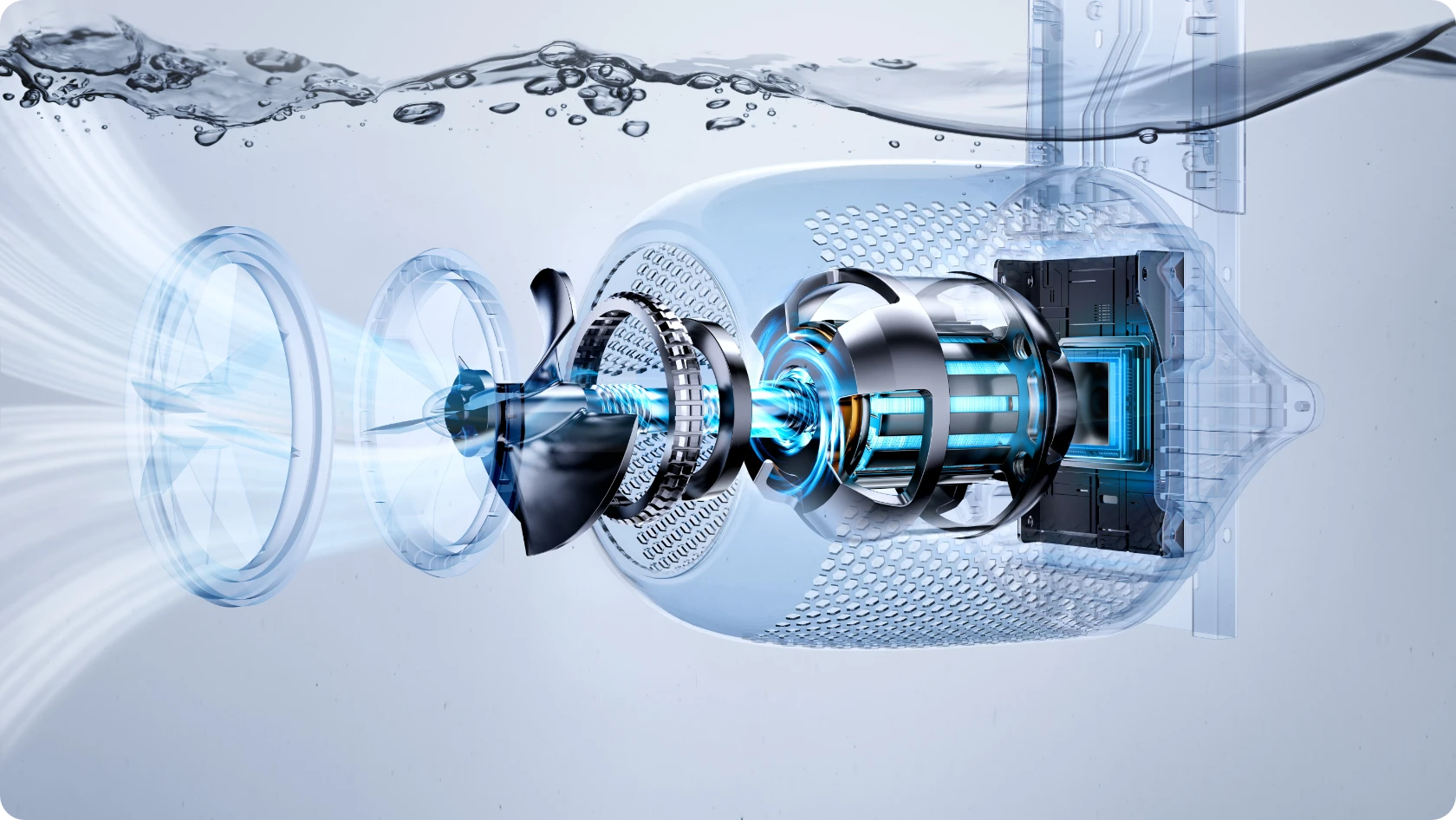 Vue interne transparente mettant en évidence la technologie AI Inverter et le moteur PMSM de la Swim Jet Série P