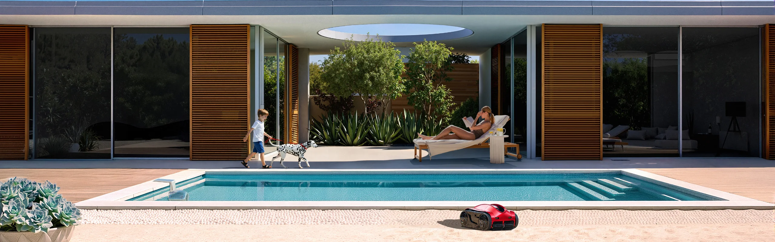 Une famille profite d'un mode de vie relaxant au bord de la piscine, en compagnie d'un robot nettoyeur iGarden illustrant l'« La technologie au service de l’art de vivre».