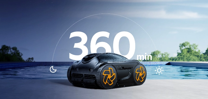 iGarden Pool Cleaner K Series démontrant 360 minutes ou 6 heures d'autonomie continue