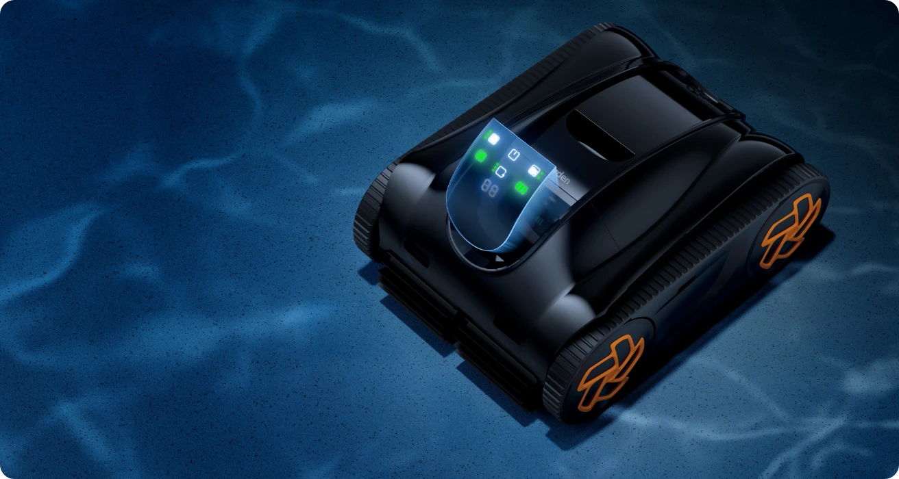 Vue de dessus du nettoyeur de piscine iGarden série K avec écran tactile lumineux démontrant l'aspiration turbo