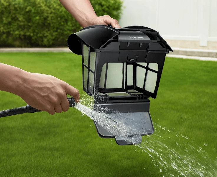 L'utilisateur rince sans effort le panier filtrant iGarden Pool Cleaner série K avec un tuyau d'arrosage.