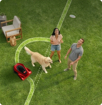 iGarden L AWD Series évite intelligemment un chiot sur la pelouse grâce à la reconnaissance avancée des obstacles