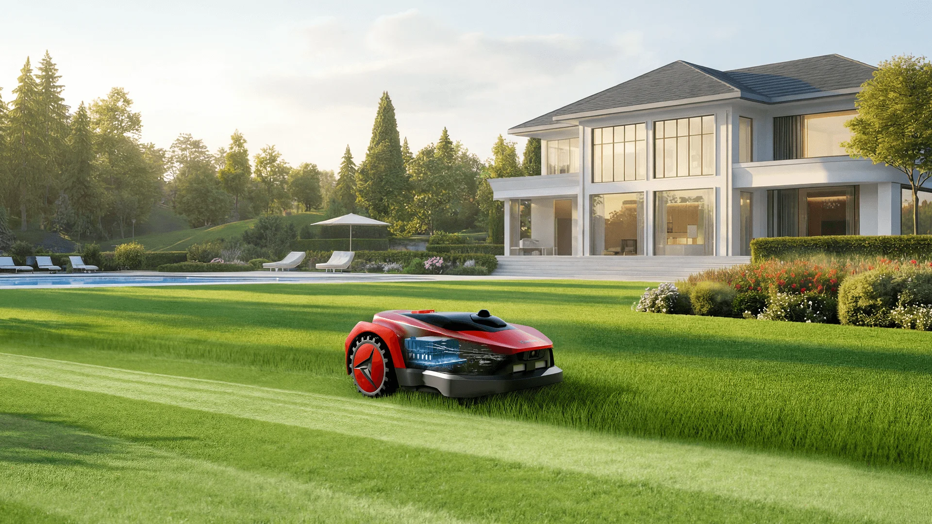 Tondeuse à gazon robotique iGarden L AWD Series fonctionnant sur une pelouse immaculée avec une batterie puissante pouvant prendre en charge 8 heures de tonte continue