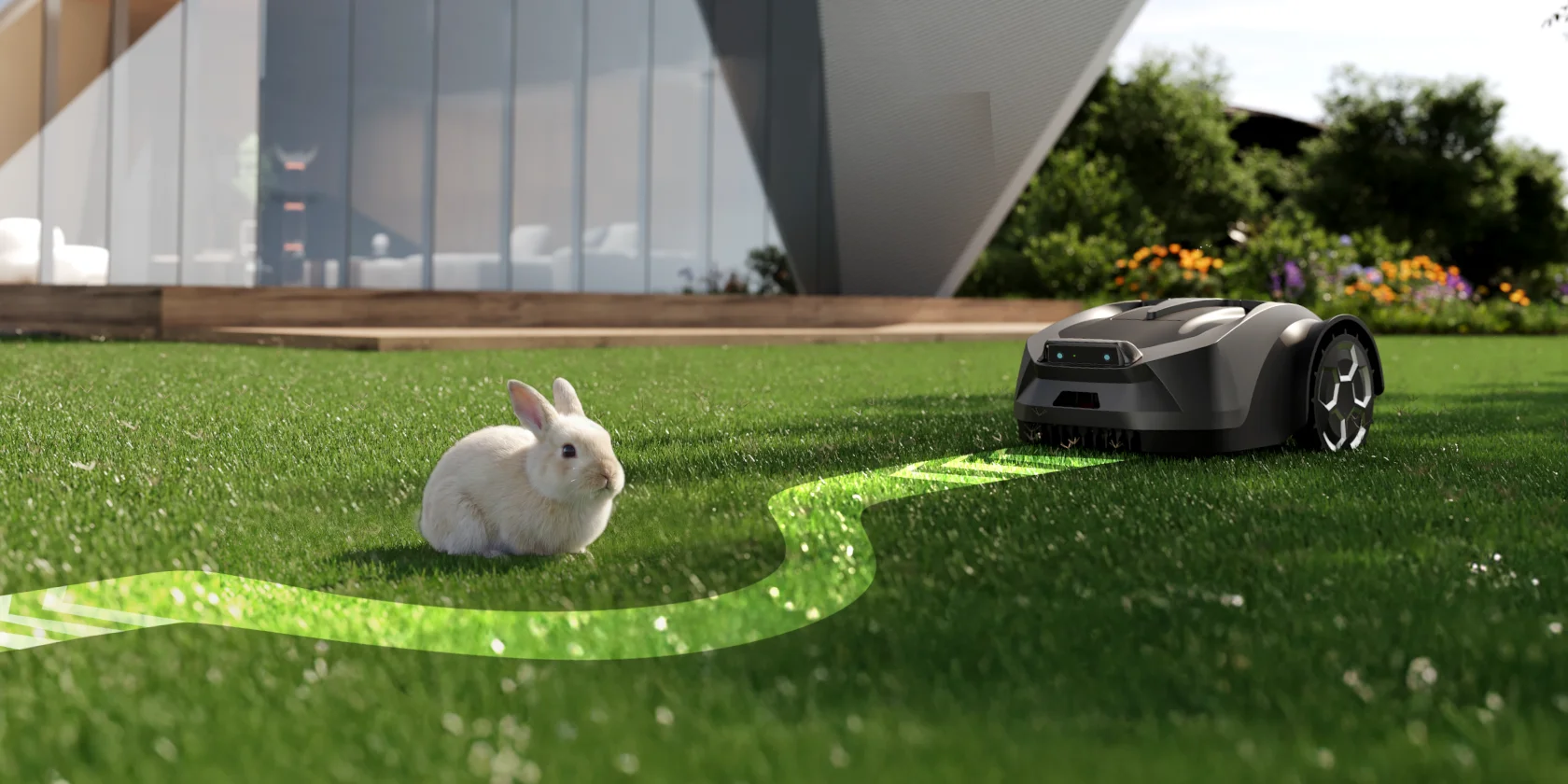 Le robot tondeuse iGarden R Series parcourt en toute sécurité une grande pelouse pendant que les animaux jouent