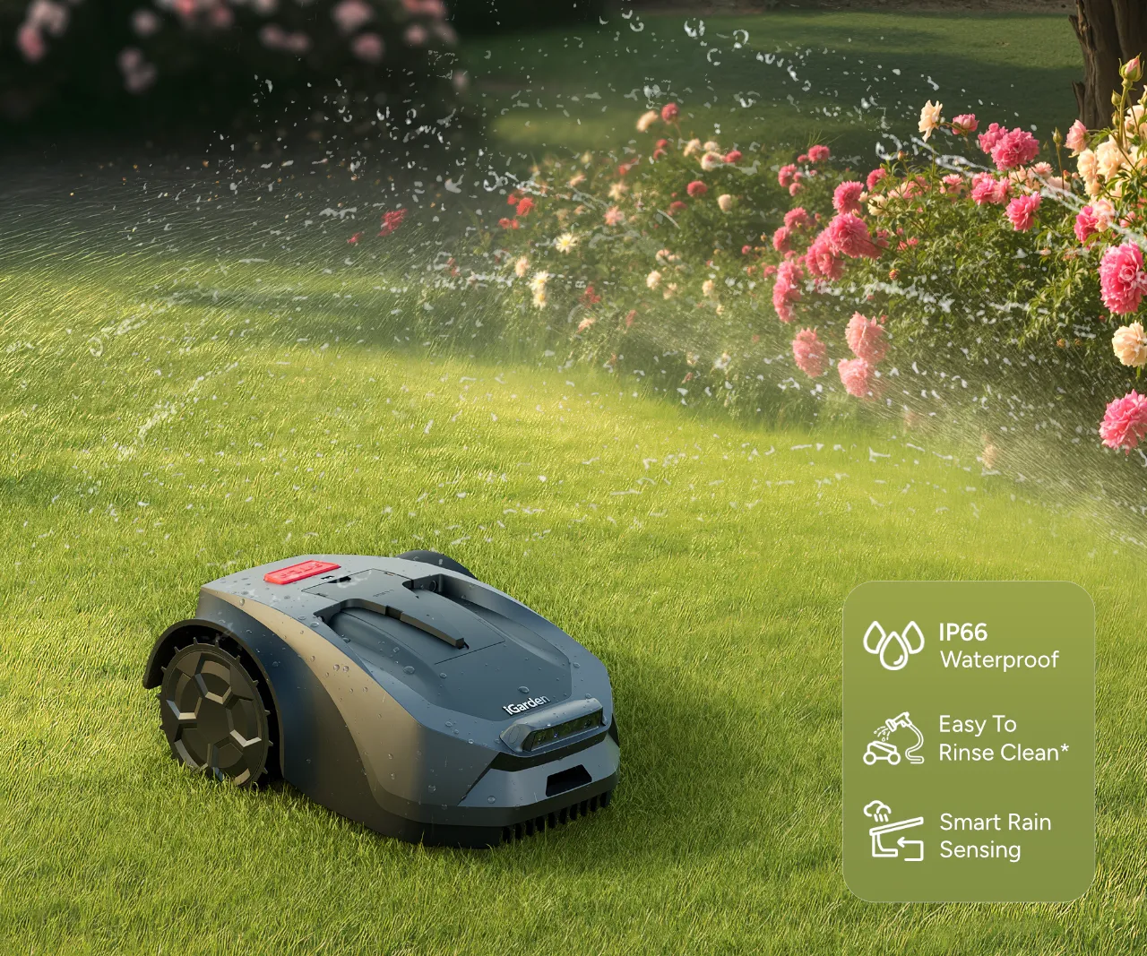 Le robot tondeuse iGarden série R offre une résistance à l'eau IP66 et est facile à nettoyer