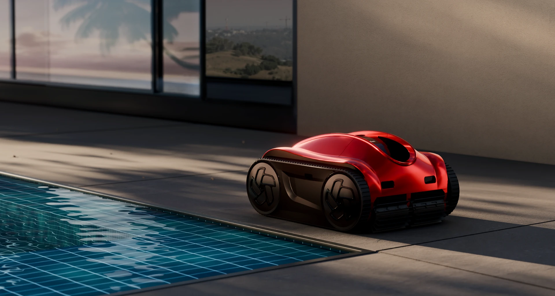 iGarden Pool Cleaner K Pro installé près d'une piscine résidentielle, mettant en évidence la fonction de nettoyage automatique AI Timer de 21 jours