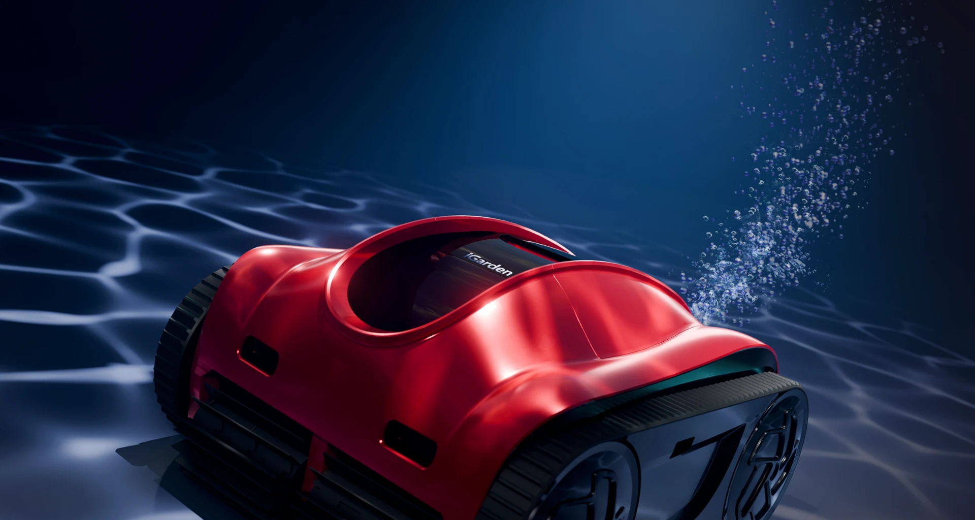 iGarden Pool Cleaner K Pro sous l'eau démontrant la propulsion hydrodynamique par jet arrière pour un nettoyage efficace de la piscine
