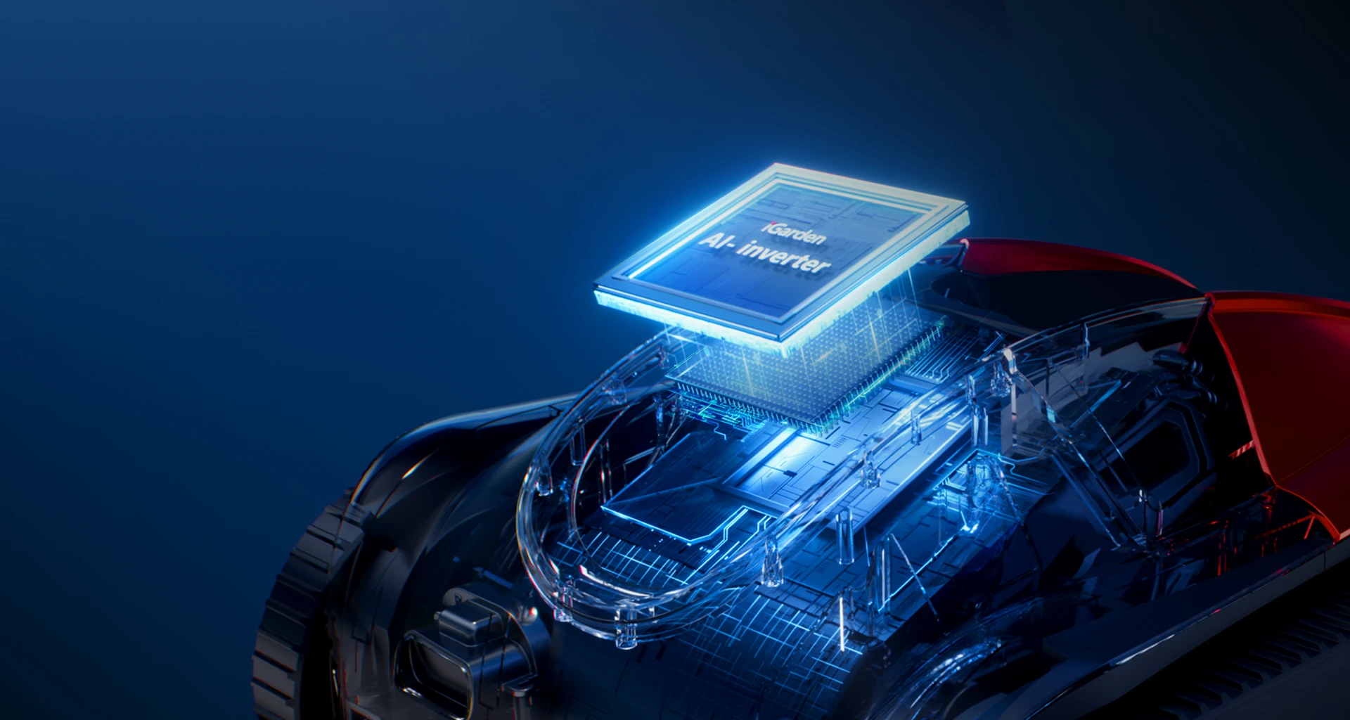 Vue interne transparente de l'iGarden Pool Cleaner K Pro révélant la puce centrale intelligente avancée AI-Inverter