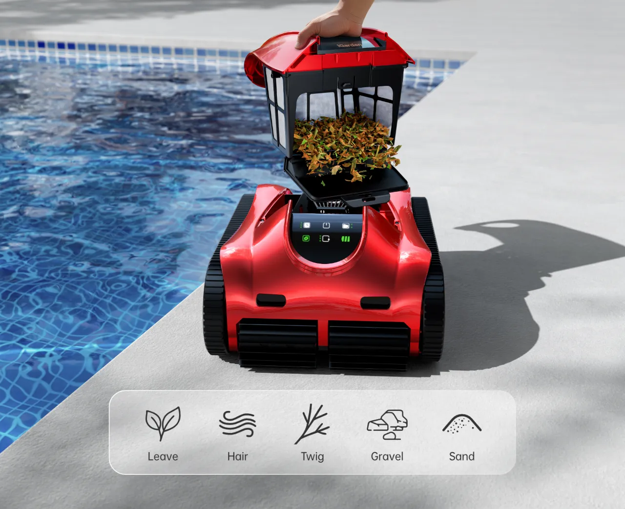 Personne soulevant sans effort l'iGarden Pool Cleaner K Pro avec un grand panier rempli de feuilles filtrées et de débris de piscine