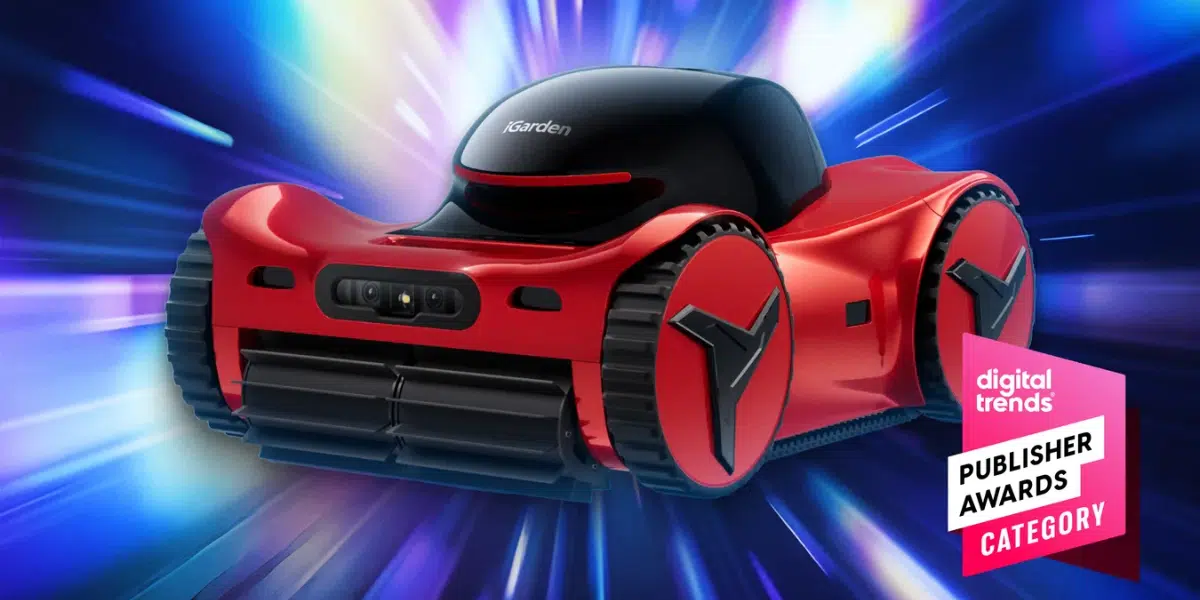 Uma ilustração do robô aspirador de piscina vermelho iGarden M1-AI Series destacado com o selo Digital Trends Publisher Awards.