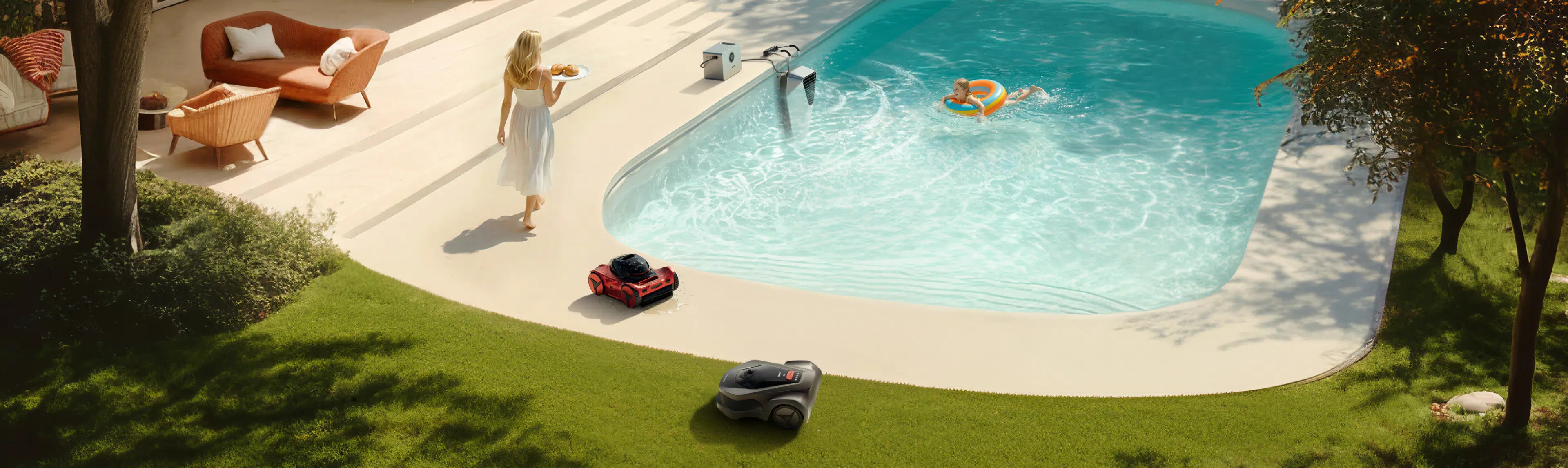 Uma família relaxa à beira da piscina enquanto o sistema de jardim eco-inteligente iGarden, apresentando o robô aspirador de piscina iGarden, cuida do quintal.
