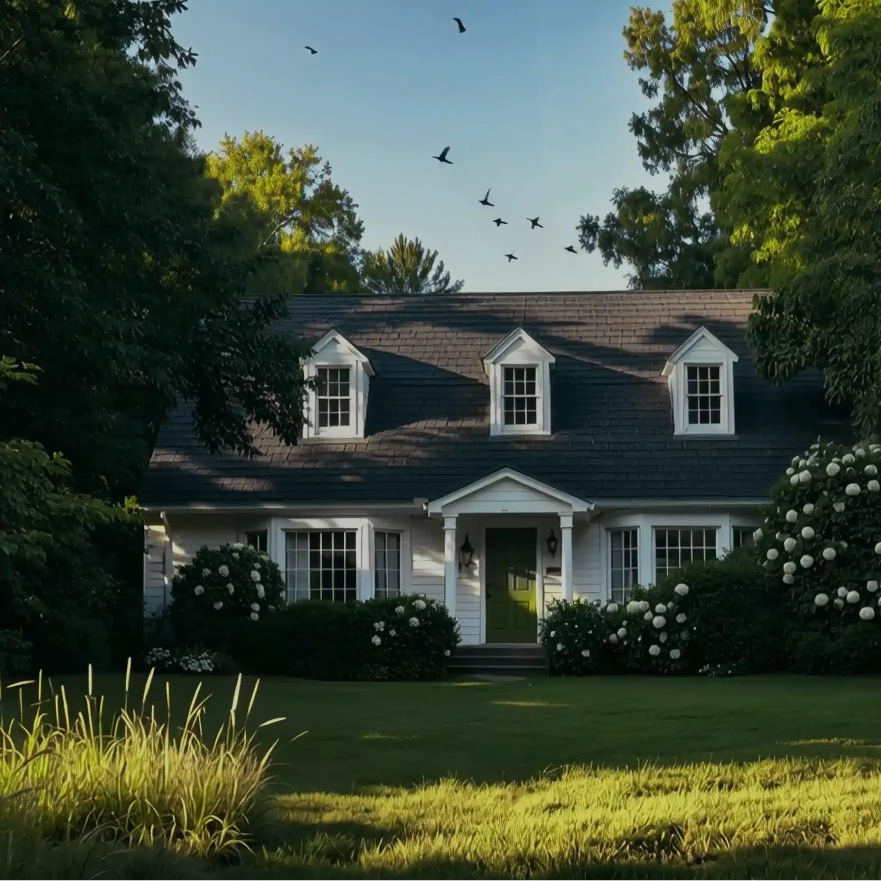 Uma bela casa com um gramado exuberante e arbustos floridos exibe a iGarden Vision de um ecossistema de jardim inteligente completo.