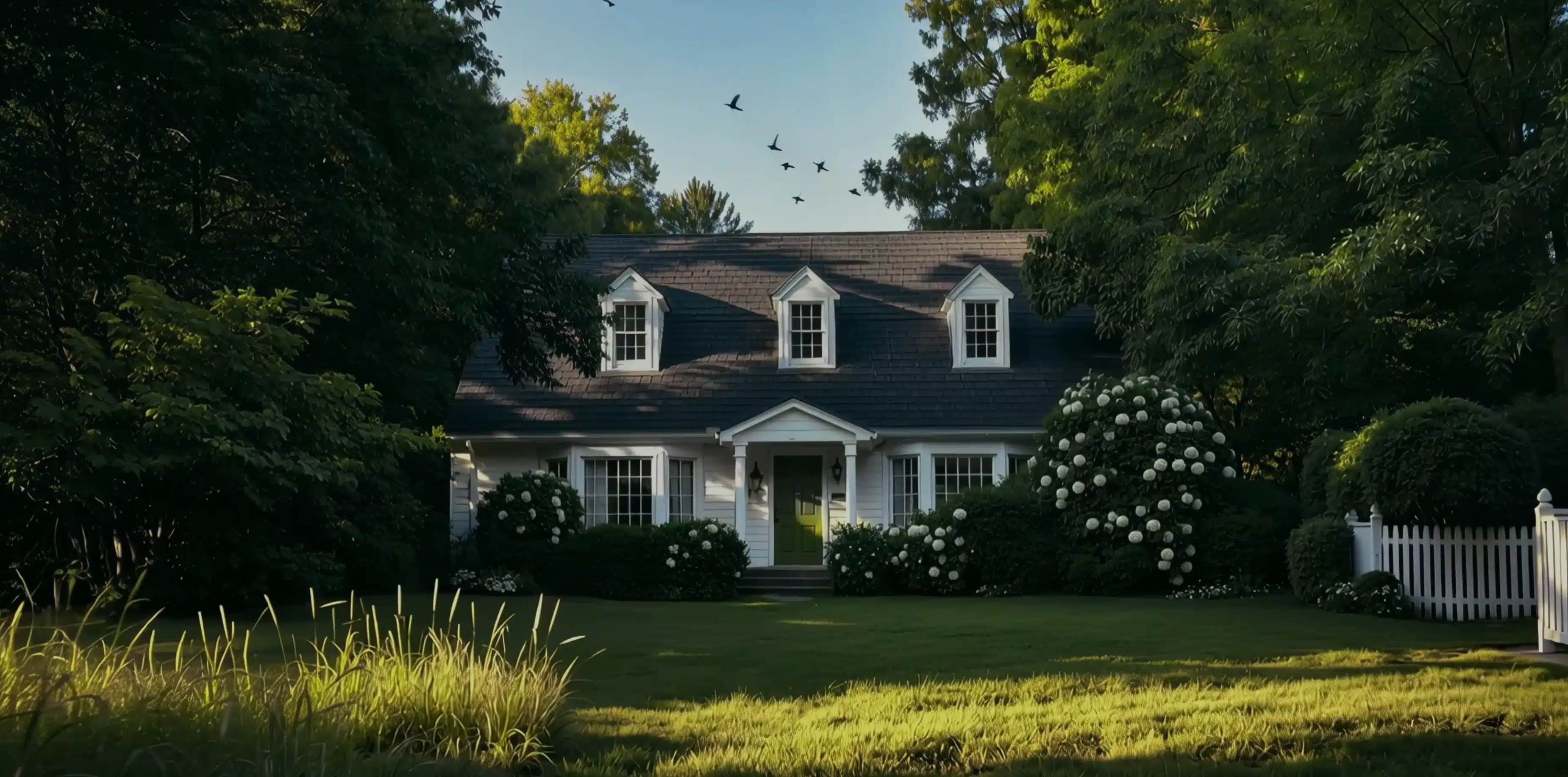Uma bela casa com um gramado exuberante e arbustos floridos exibe a iGarden Vision de um ecossistema de jardim inteligente completo.