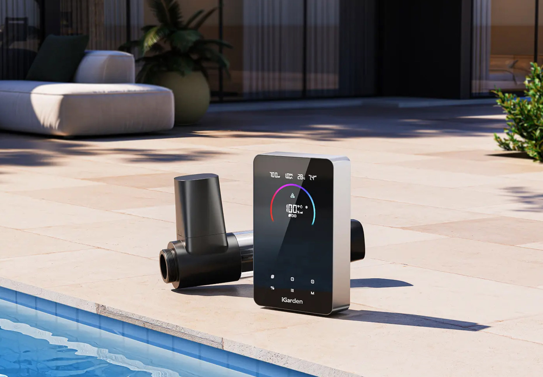 Uma ilustração do gerador de cloro à base de sal iGarden X Series, com economia de energia, colocado em um pátio ensolarado ao lado de uma piscina.