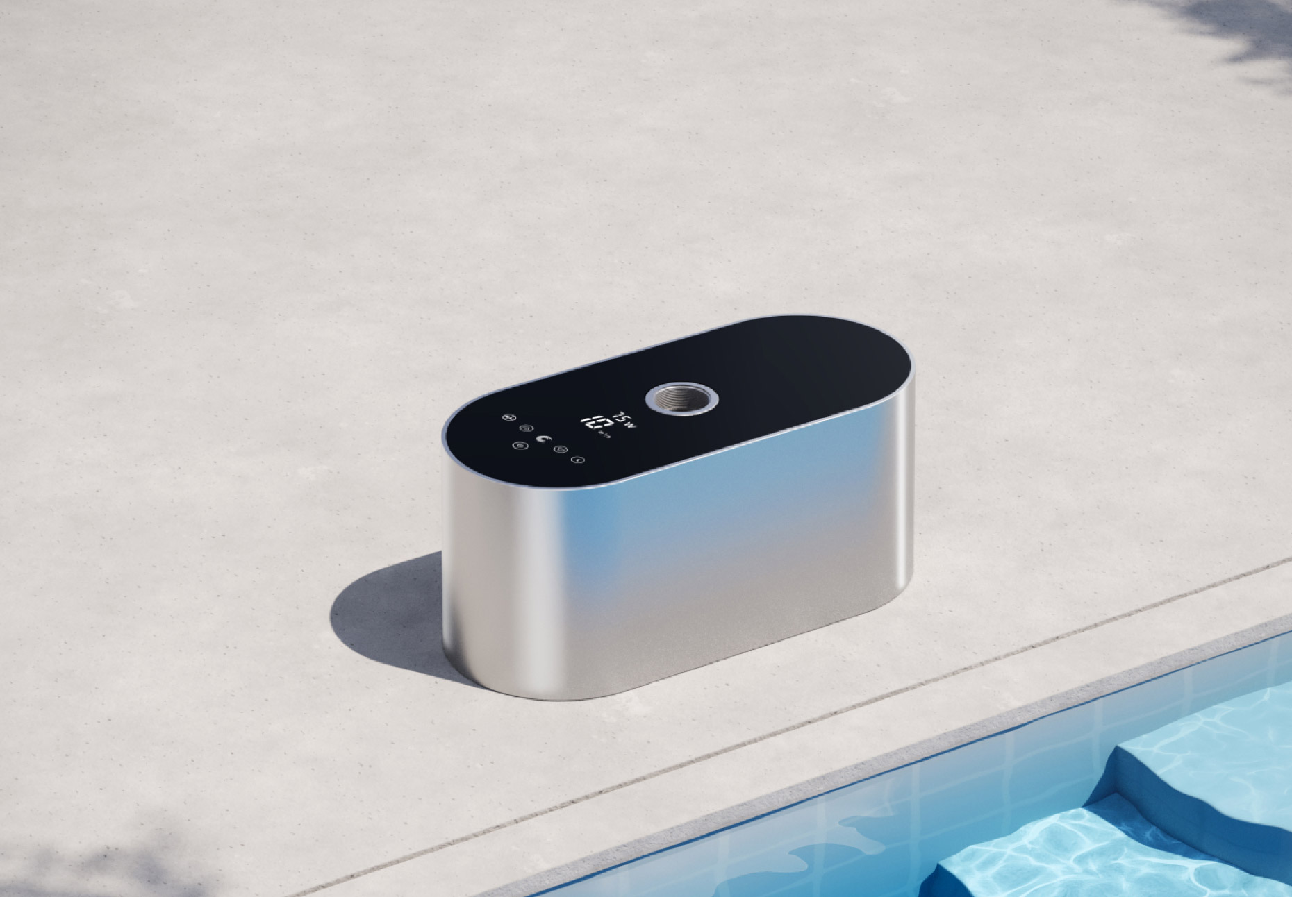 Uma ilustração da silenciosa bomba de piscina iGarden X Series operando a 30 dBA ao lado de uma piscina.