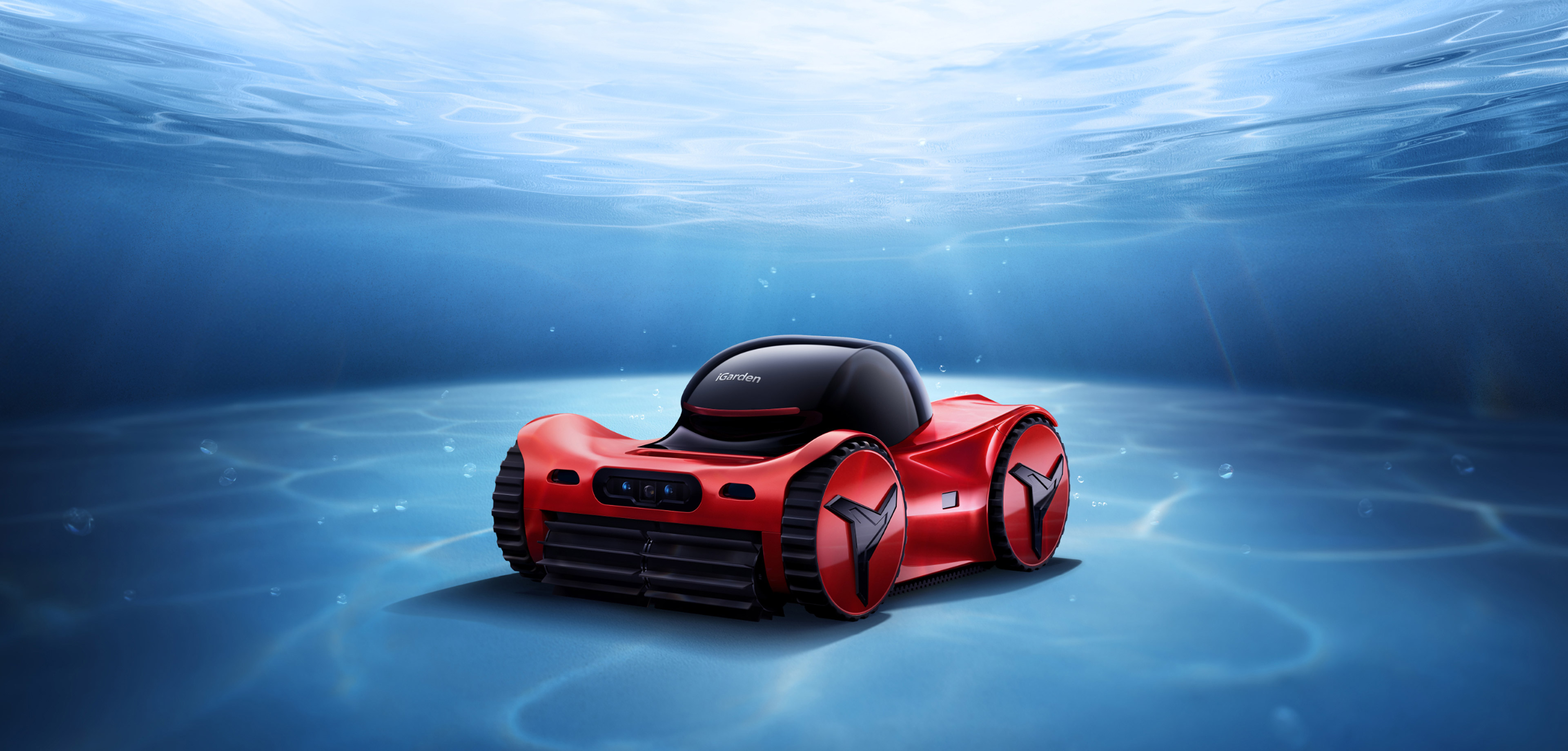 Un elegante robot aspirador de piscinas «igarden» de la serie M1, de color rojo, con ruedas negras y la parte superior redondeada, se desplaza bajo el agua, rodeado de aguas azules cristalinas y suaves rayos de luz que le llegan desde arriba.