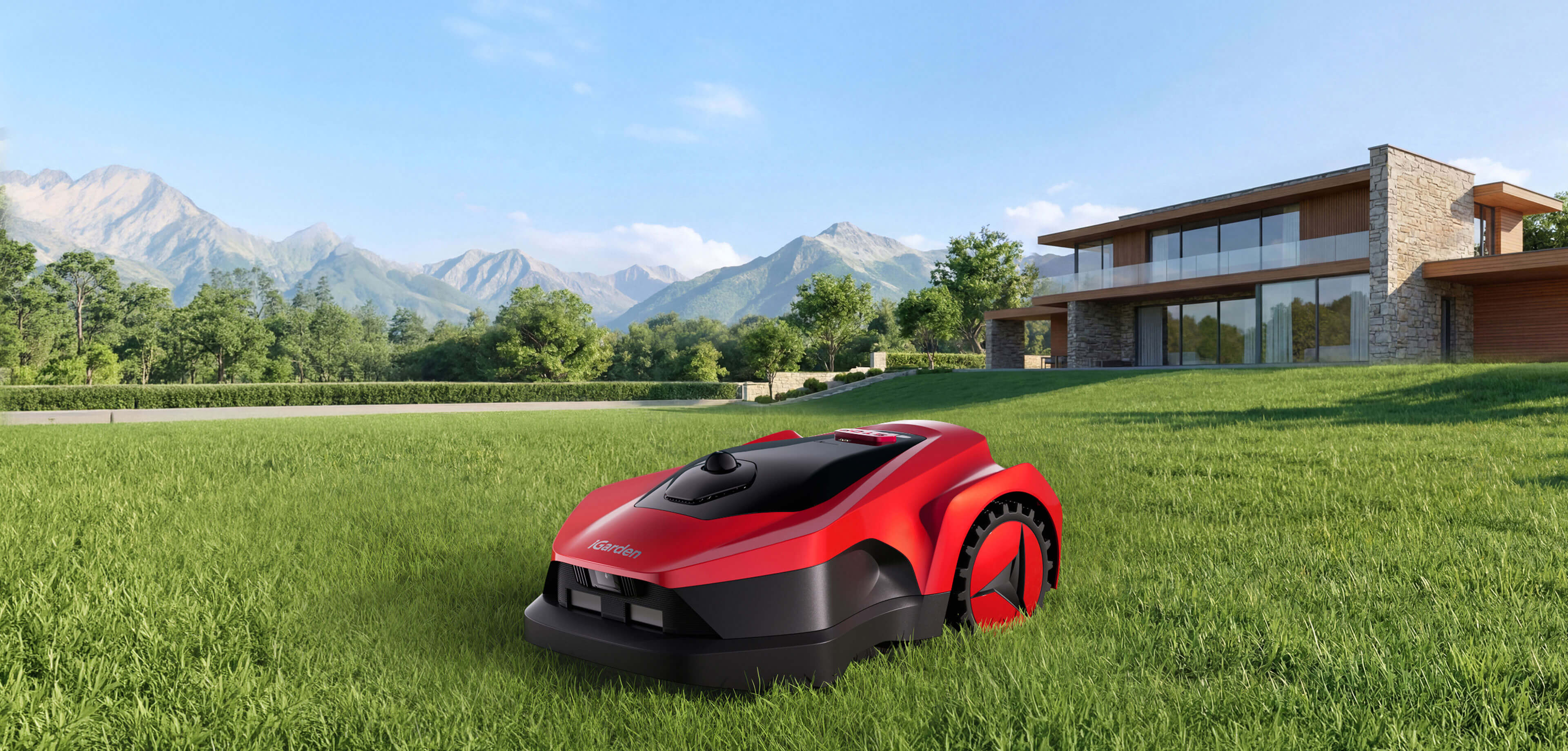 Um cortador de grama vermelho da série iGarden L AWD corta a grama em um gramado verde, com uma casa moderna e montanhas ao fundo, sob um céu azul.