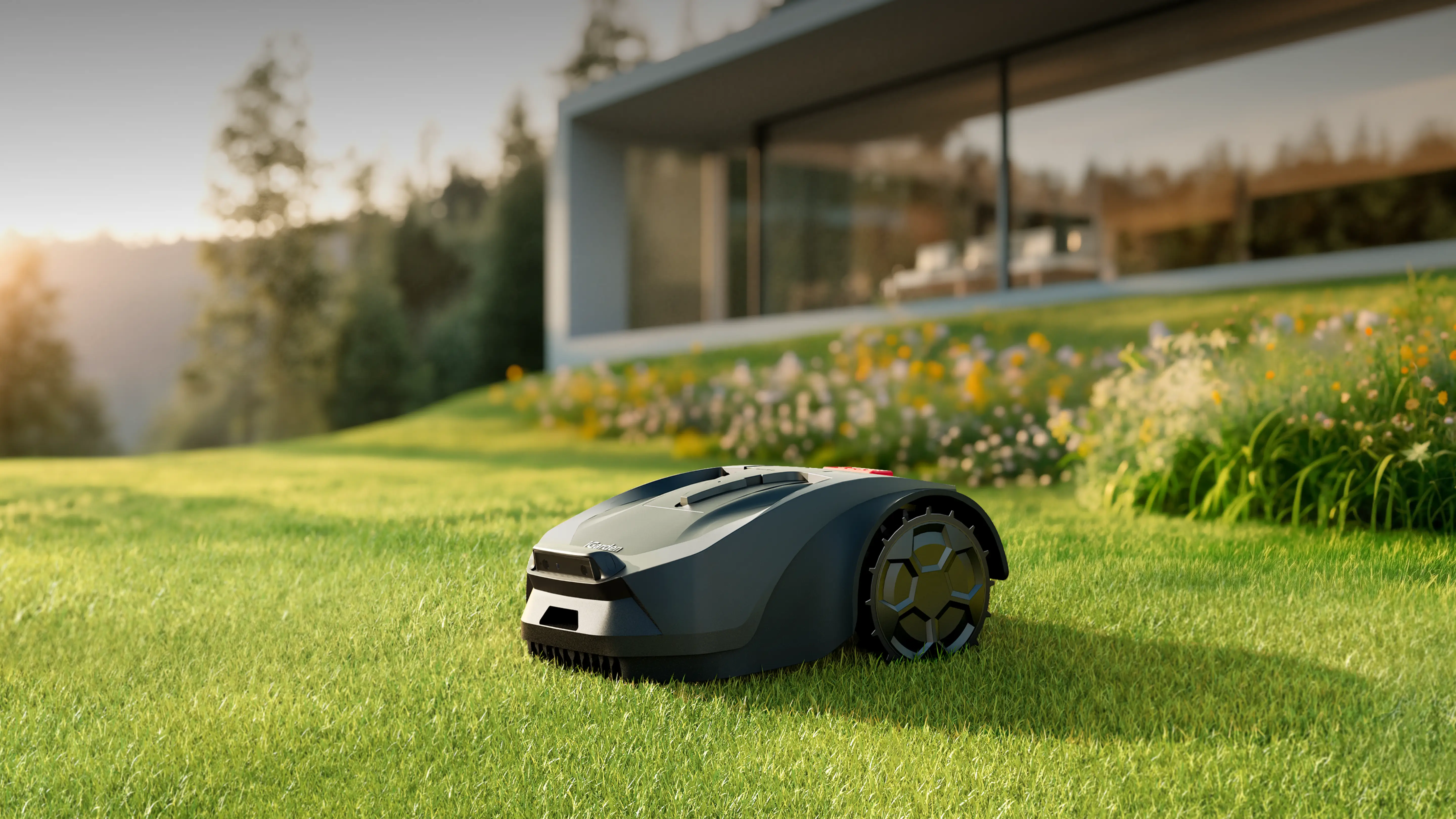 iGarden Lawn Mower R Series wire-free robot mower operating on a sunny backyard lawn